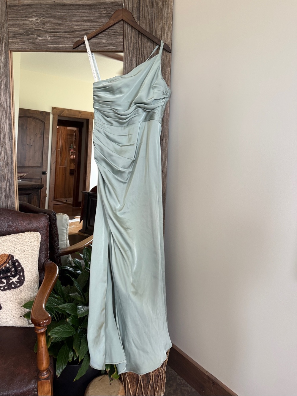 Azazie One-Shoulder Sage Green Ruched Maxi Dress